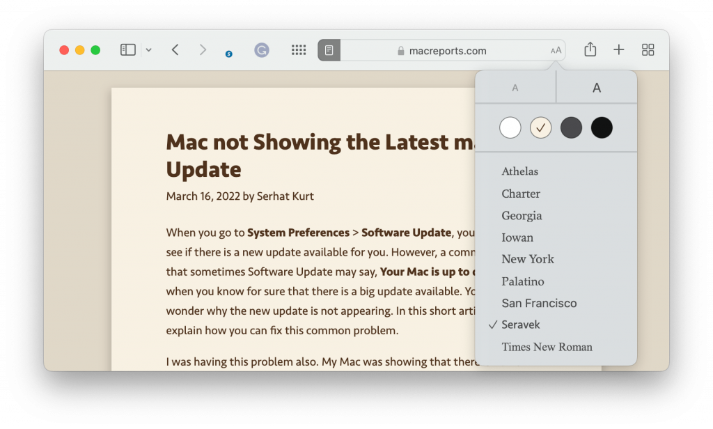 vista de lector en Safari en Mac